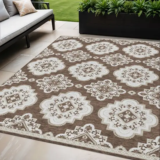 Brown And Ivory Medallion Washable Indoor Outdoor Area Rug Photo 1