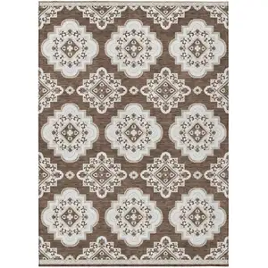 Photo of Brown And Ivory Medallion Washable Indoor Outdoor Area Rug