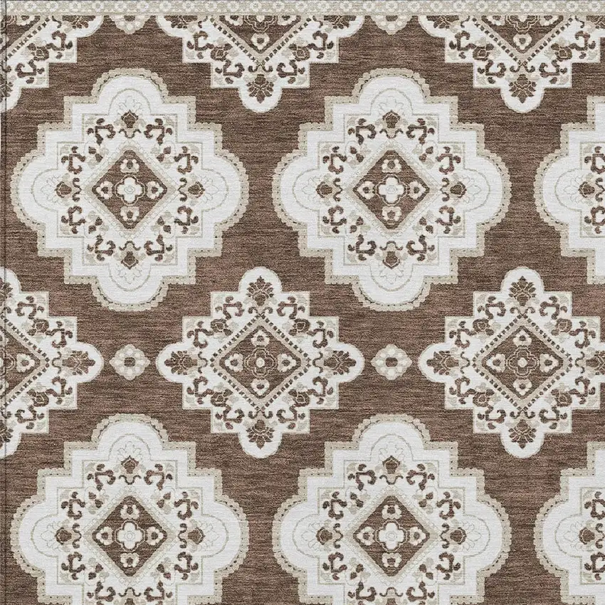 Brown And Ivory Medallion Washable Indoor Outdoor Area Rug Photo 6