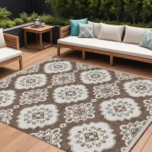Photo of Brown And Ivory Medallion Washable Indoor Outdoor Area Rug