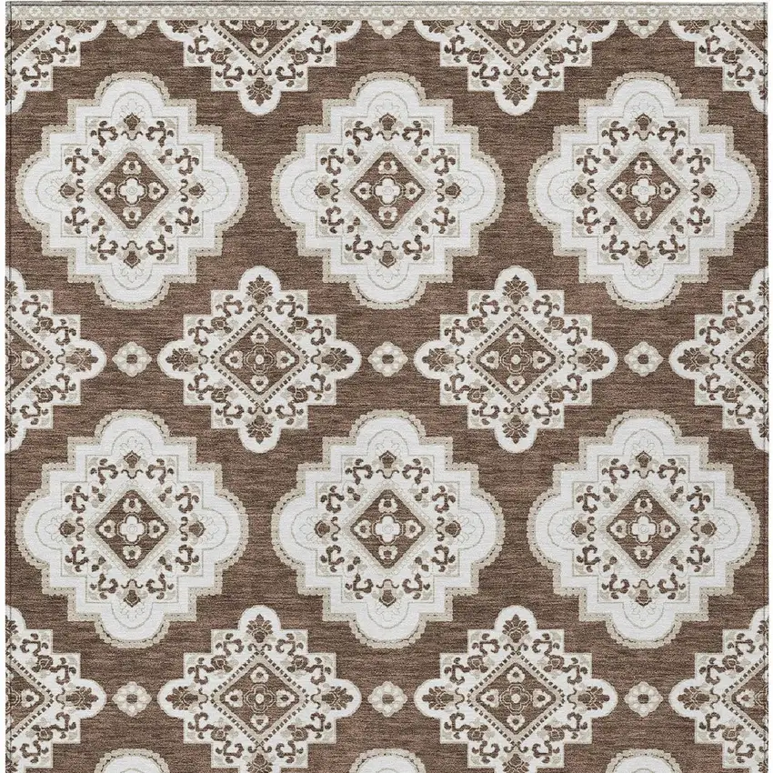 Brown And Ivory Medallion Washable Indoor Outdoor Area Rug Photo 6