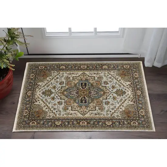 Beige And Ivory Oriental Area Rug With Fringe Photo 1