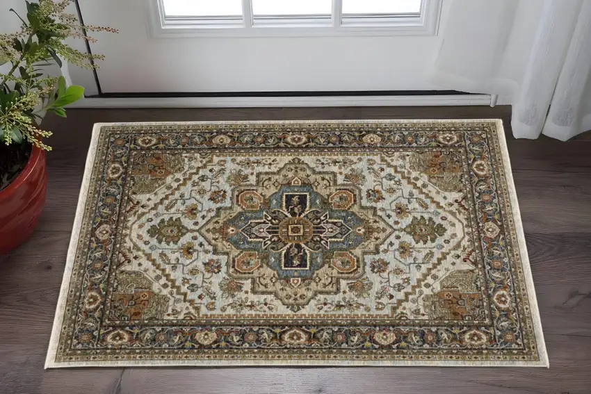 Beige And Ivory Oriental Area Rug With Fringe Photo 1