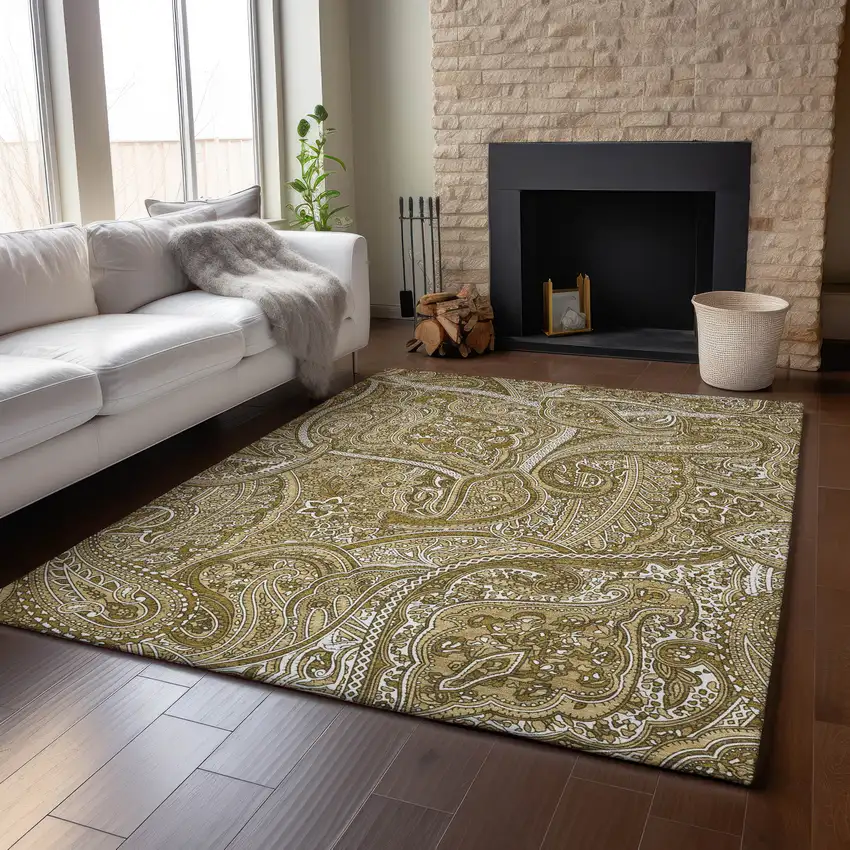 Brown And Ivory Paisley Washable Area Rug With UV Protection Photo 9