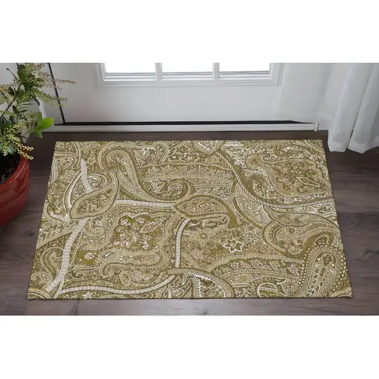 Brown And Ivory Paisley Washable Area Rug With UV Protection Photo 2