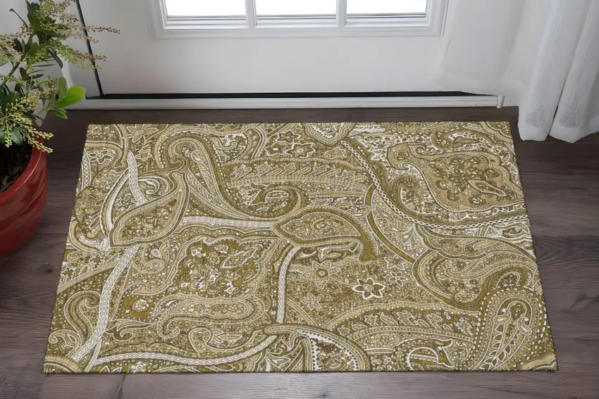 Brown And Ivory Paisley Washable Area Rug With UV Protection Photo 2