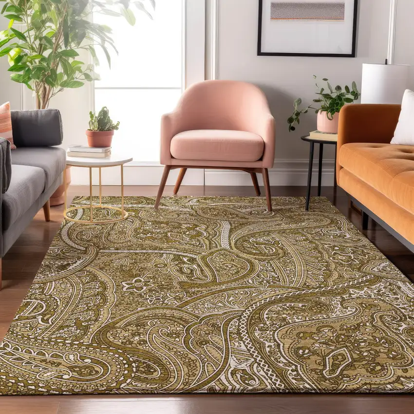 Brown And Ivory Paisley Washable Area Rug With UV Protection Photo 8