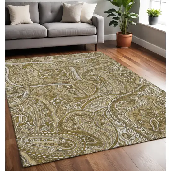 Brown And Ivory Paisley Washable Area Rug With UV Protection Photo 2