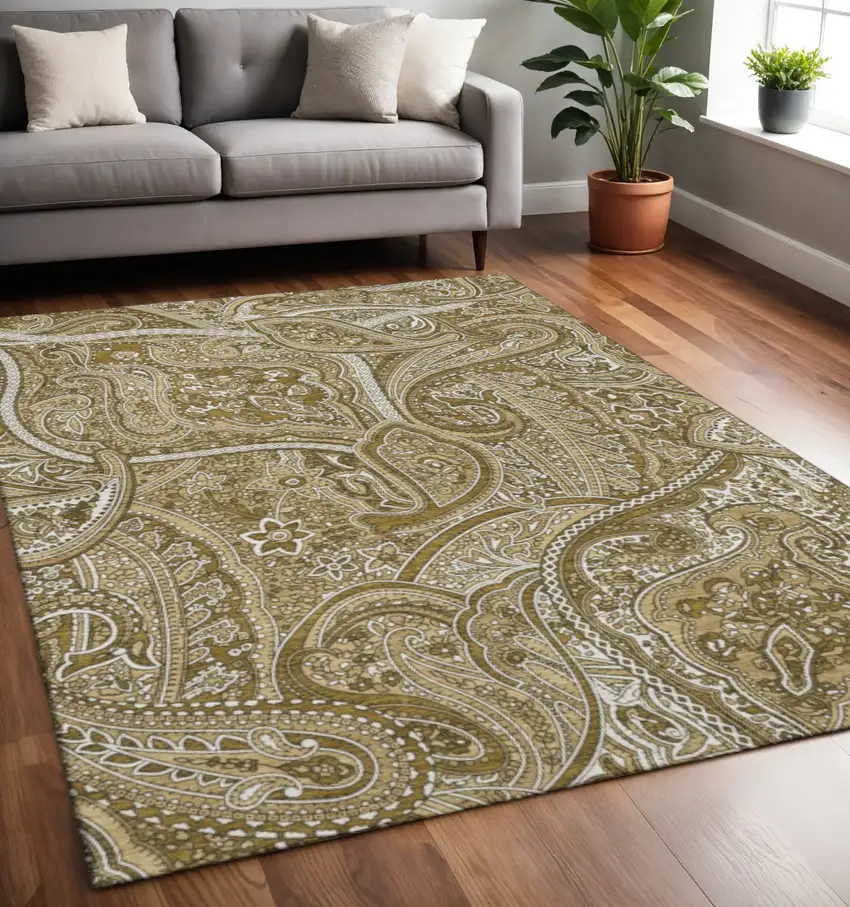 Brown And Ivory Paisley Washable Area Rug With UV Protection Photo 2