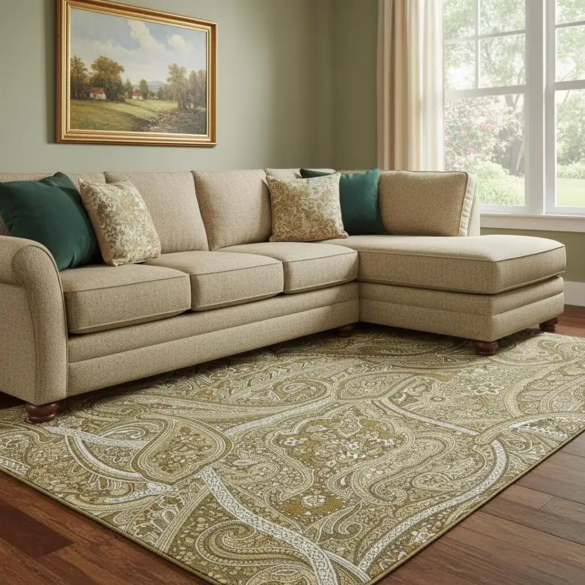 Brown And Ivory Paisley Washable Area Rug With UV Protection Photo 1