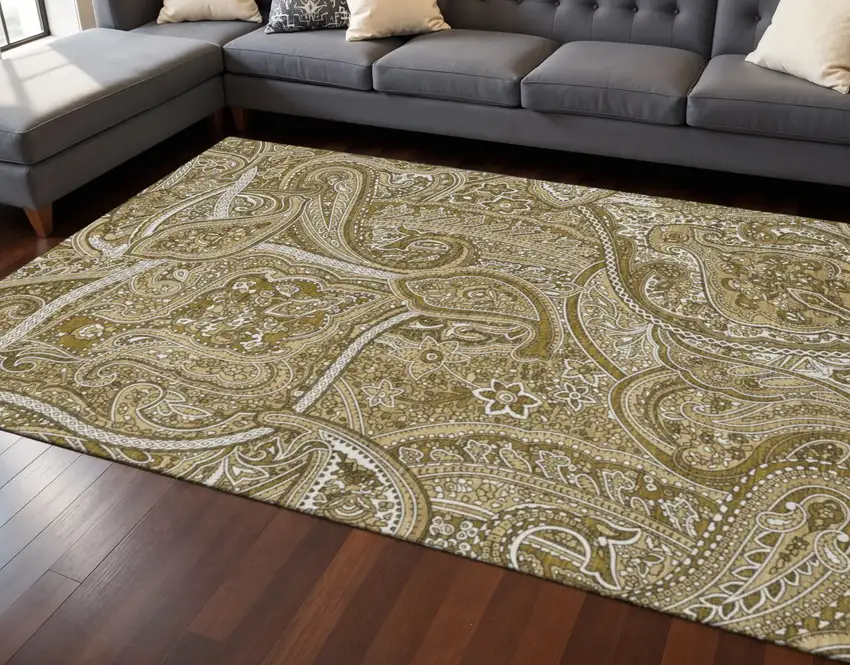 Brown And Ivory Paisley Washable Area Rug With UV Protection Photo 2