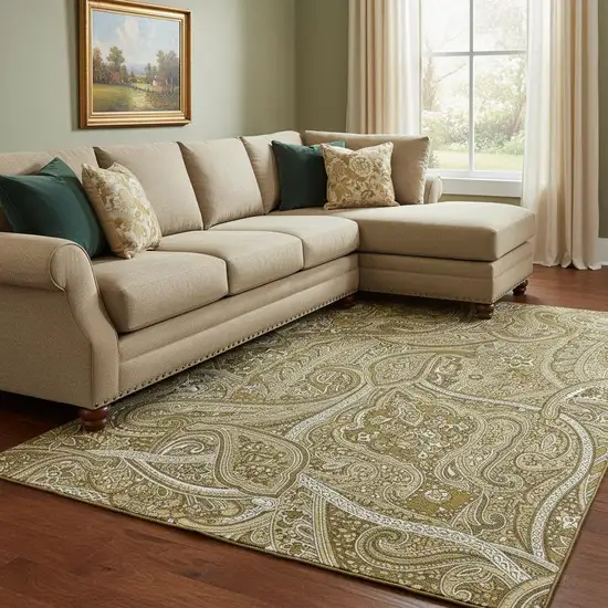 Brown And Ivory Paisley Washable Area Rug With UV Protection Photo 1