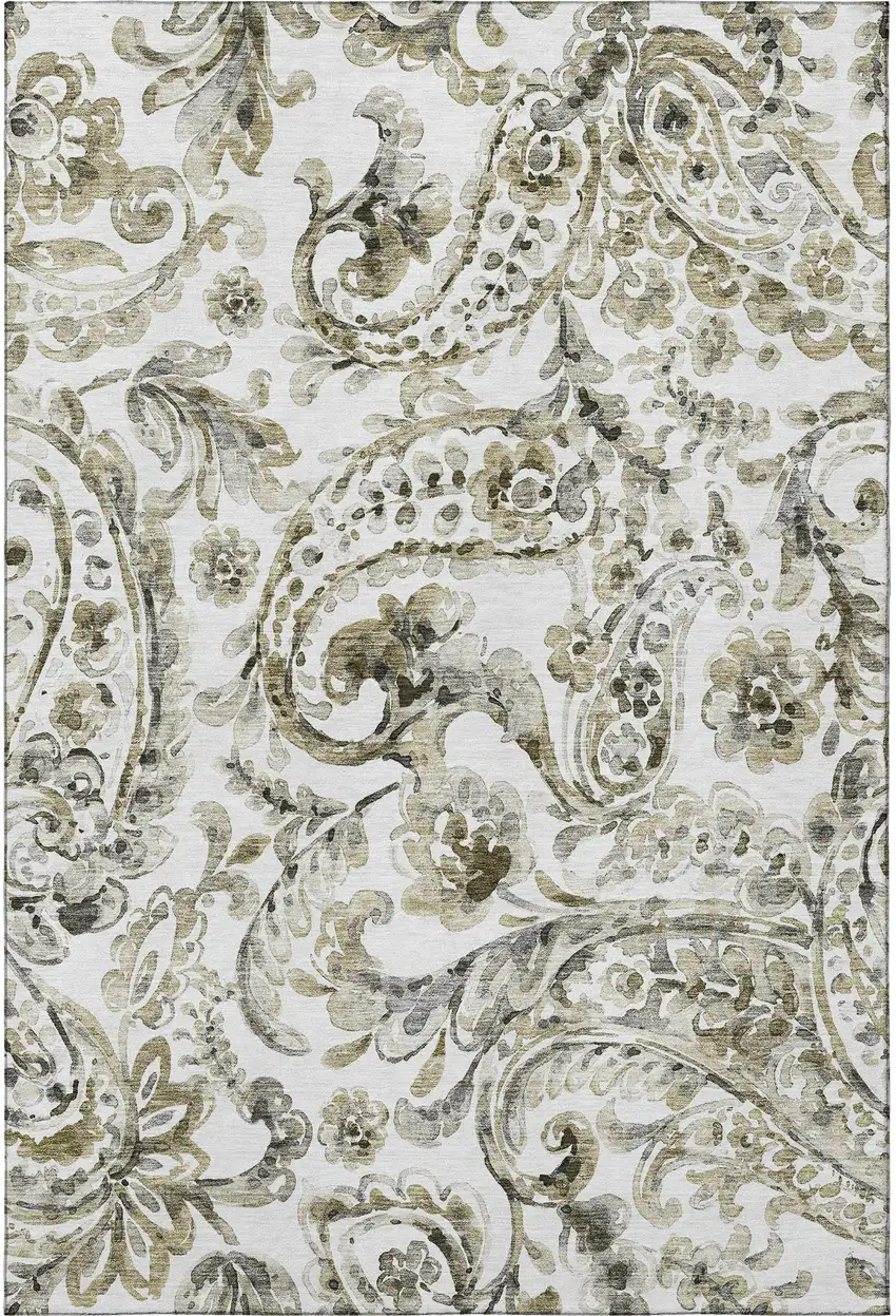 Brown And Ivory Paisley Washable Area Rug With UV Protection Photo 4