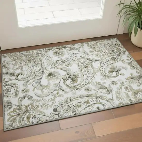 Brown And Ivory Paisley Washable Area Rug With UV Protection Photo 2