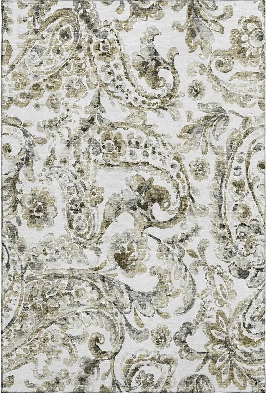 Brown And Ivory Paisley Washable Area Rug With UV Protection Photo 1