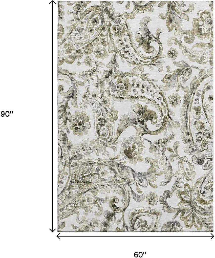 Brown And Ivory Paisley Washable Area Rug With UV Protection Photo 3