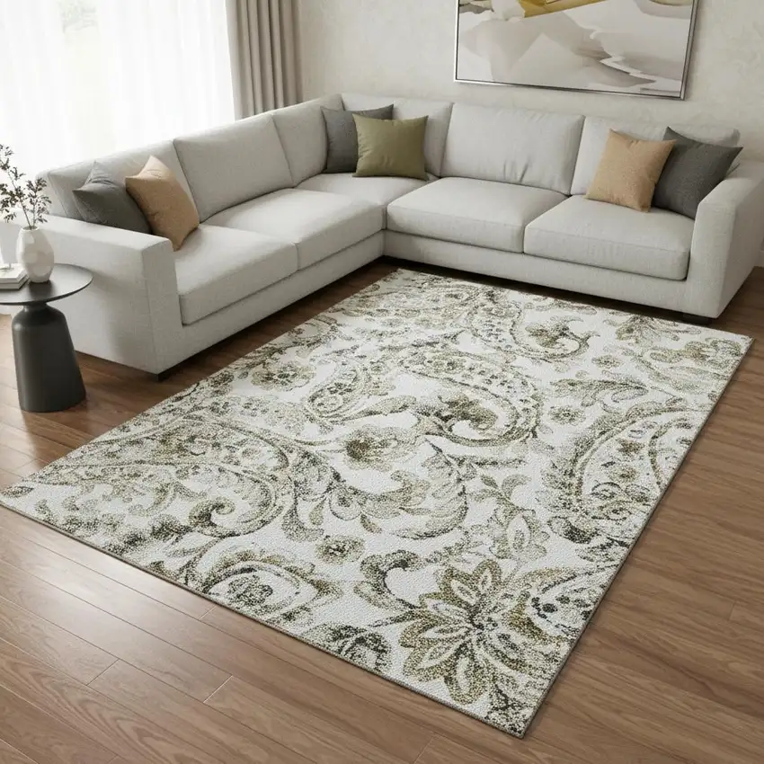 Brown And Ivory Paisley Washable Area Rug With UV Protection Photo 2
