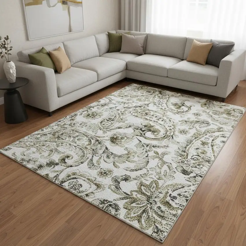 Brown And Ivory Paisley Washable Area Rug With UV Protection Photo 2