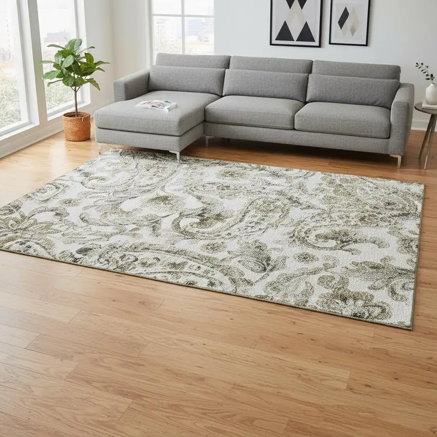 Brown And Ivory Paisley Washable Area Rug With UV Protection Photo 2