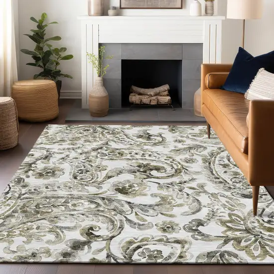 Brown And Ivory Paisley Washable Area Rug With UV Protection Photo 6