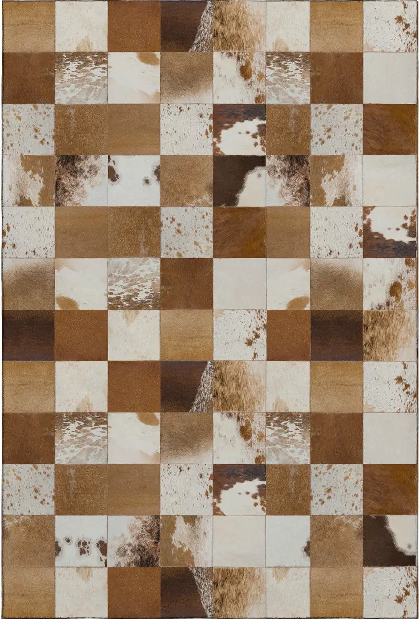 Brown And Ivory Patchwork Washable Area Rug With UV Protection Photo 2