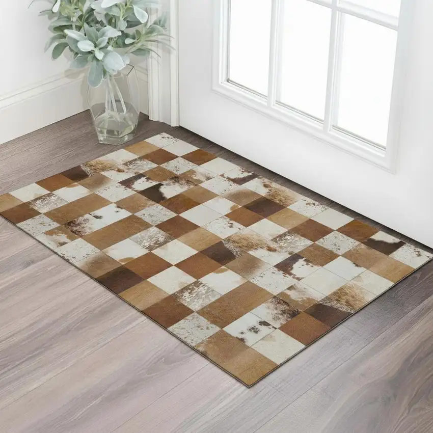 Brown And Ivory Patchwork Washable Area Rug With UV Protection Photo 1