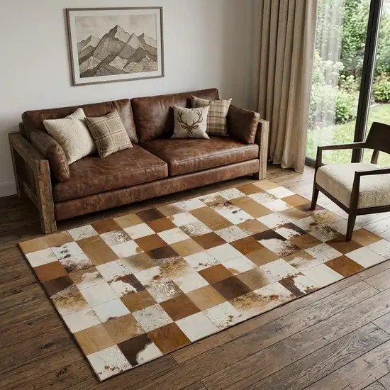 Brown And Ivory Patchwork Washable Area Rug With UV Protection Photo 1