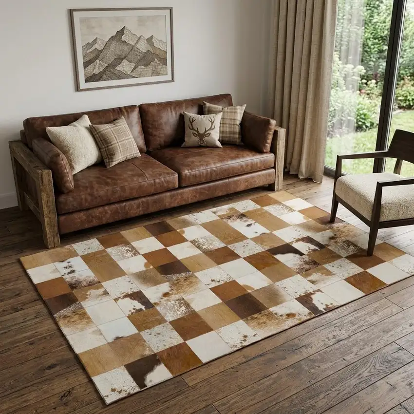 Brown And Ivory Patchwork Washable Area Rug With UV Protection Photo 1
