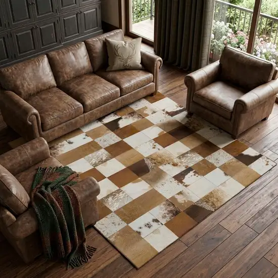 Brown And Ivory Patchwork Washable Area Rug With UV Protection Photo 1