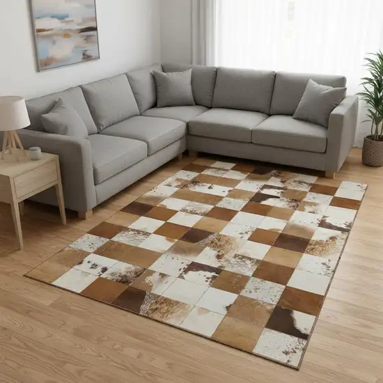 Brown And Ivory Patchwork Washable Area Rug With UV Protection Photo 1