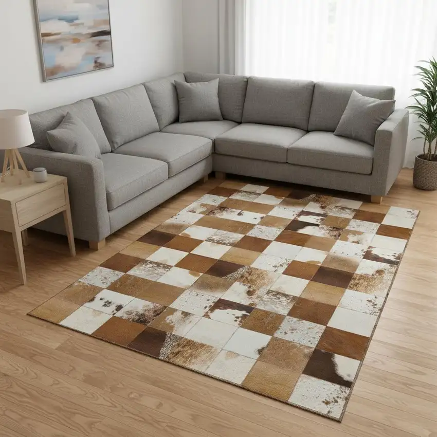 Brown And Ivory Patchwork Washable Area Rug With UV Protection Photo 1