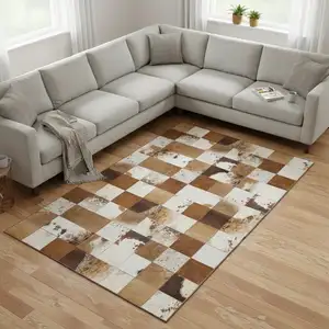Photo of Brown And Ivory Patchwork Washable Area Rug With UV Protection