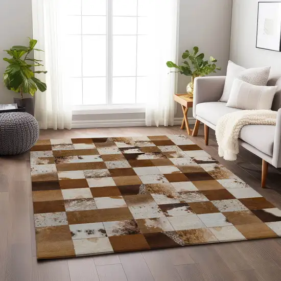 Brown And Ivory Patchwork Washable Area Rug With UV Protection Photo 5