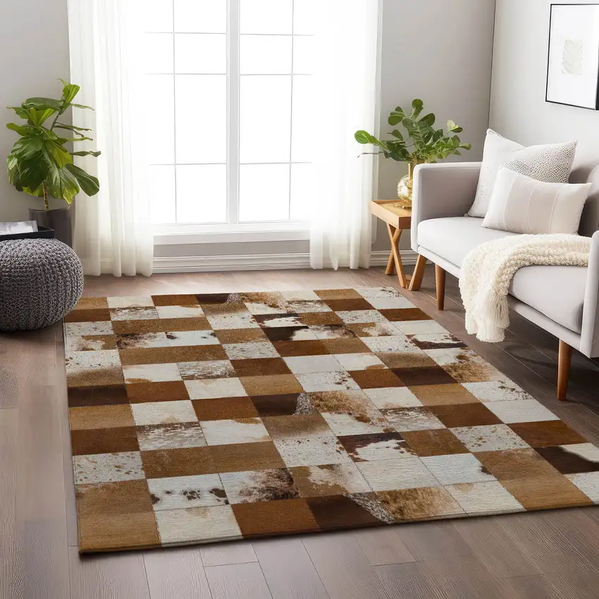 Brown And Ivory Patchwork Washable Area Rug With UV Protection Photo 5