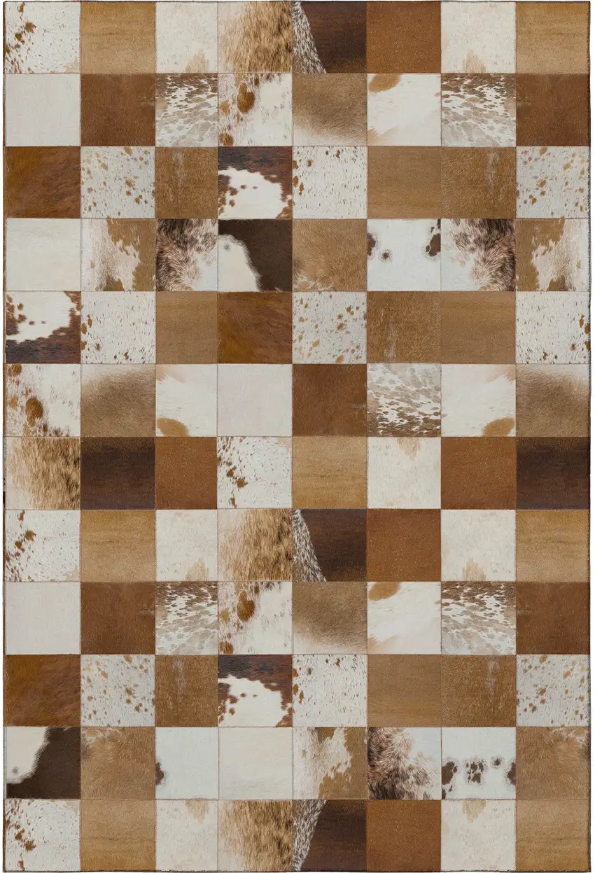 Brown And Ivory Patchwork Washable Area Rug With UV Protection Photo 4