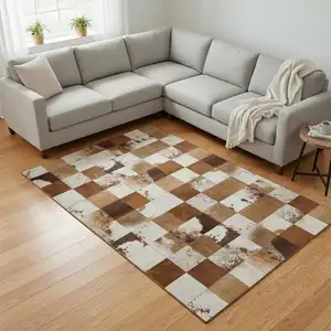 Photo of Brown And Ivory Patchwork Washable Area Rug With UV Protection