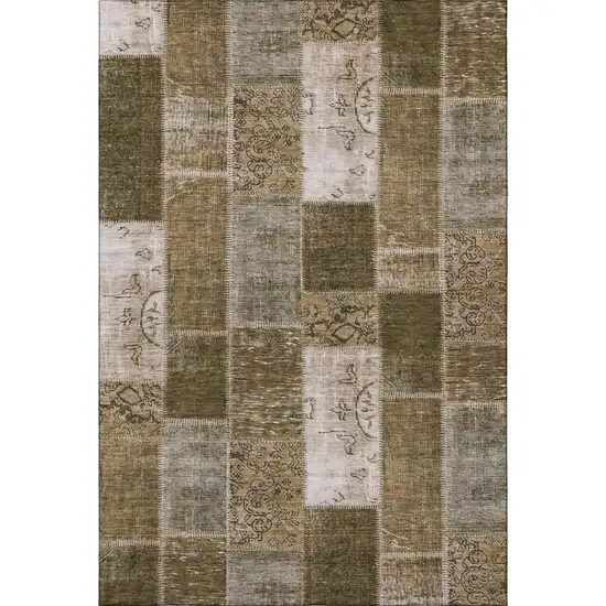 Brown And Ivory Patchwork Washable Area Rug With UV Protection Photo 3