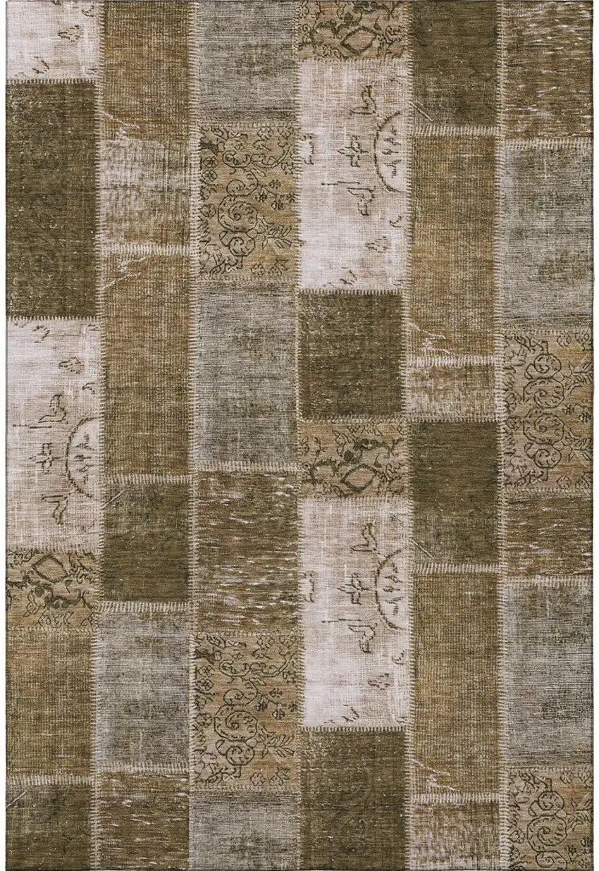 Brown And Ivory Patchwork Washable Area Rug With UV Protection Photo 3