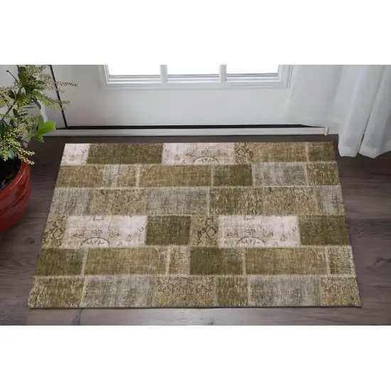 Brown And Ivory Patchwork Washable Area Rug With UV Protection Photo 2