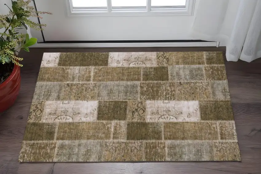 Brown And Ivory Patchwork Washable Area Rug With UV Protection Photo 2