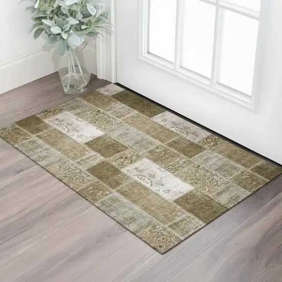 Brown And Ivory Patchwork Washable Area Rug With UV Protection Photo 1