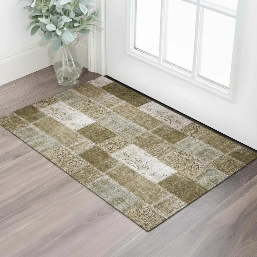 Brown And Ivory Patchwork Washable Area Rug With UV Protection Photo 1