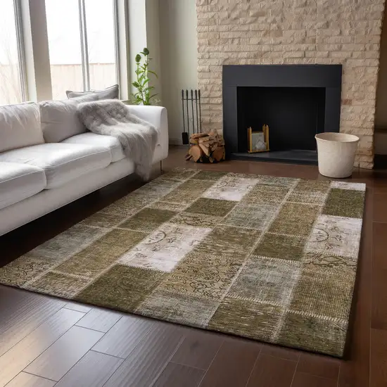Brown And Ivory Patchwork Washable Area Rug With UV Protection Photo 4