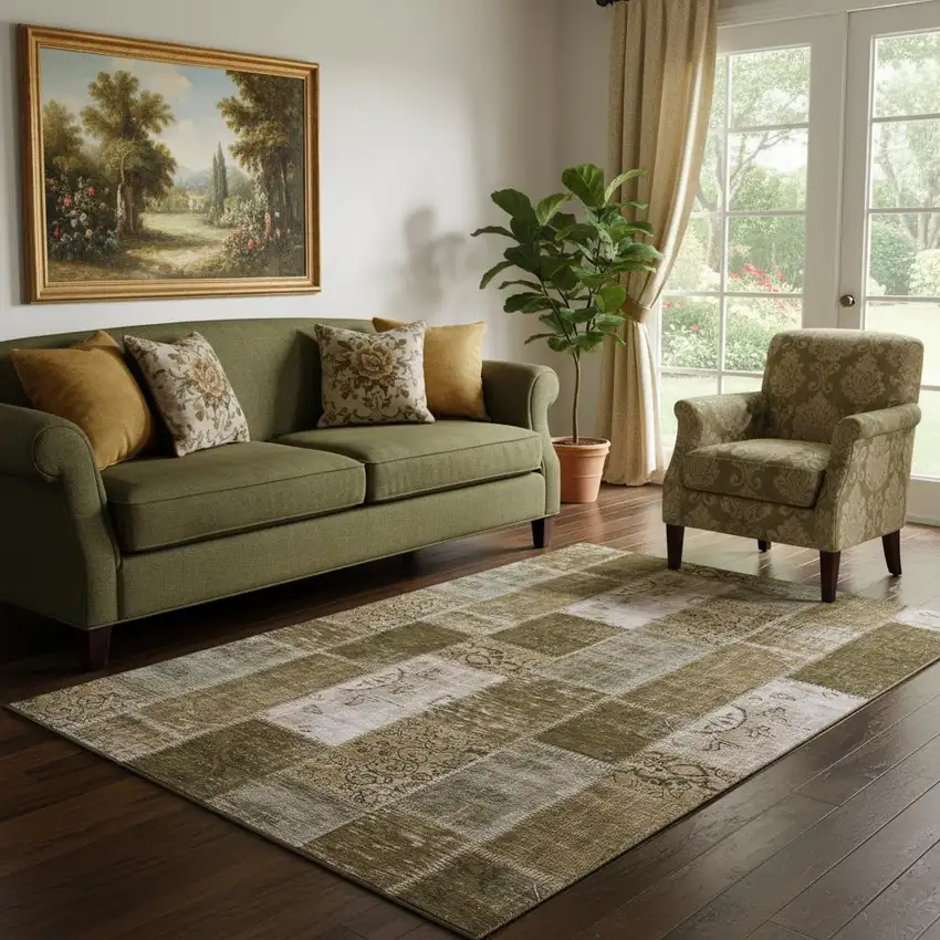 Brown And Ivory Patchwork Washable Area Rug With UV Protection Photo 1