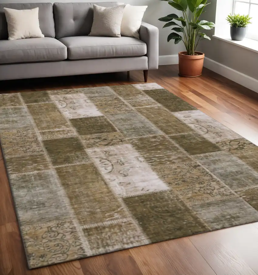 Brown And Ivory Patchwork Washable Area Rug With UV Protection Photo 2
