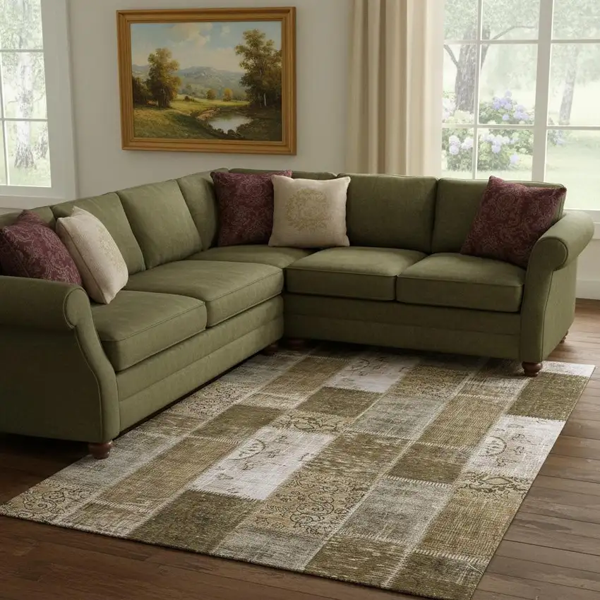 Brown And Ivory Patchwork Washable Area Rug With UV Protection Photo 1