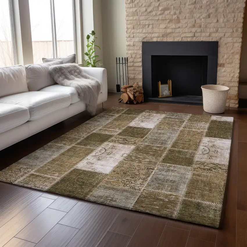 Brown And Ivory Patchwork Washable Area Rug With UV Protection Photo 5