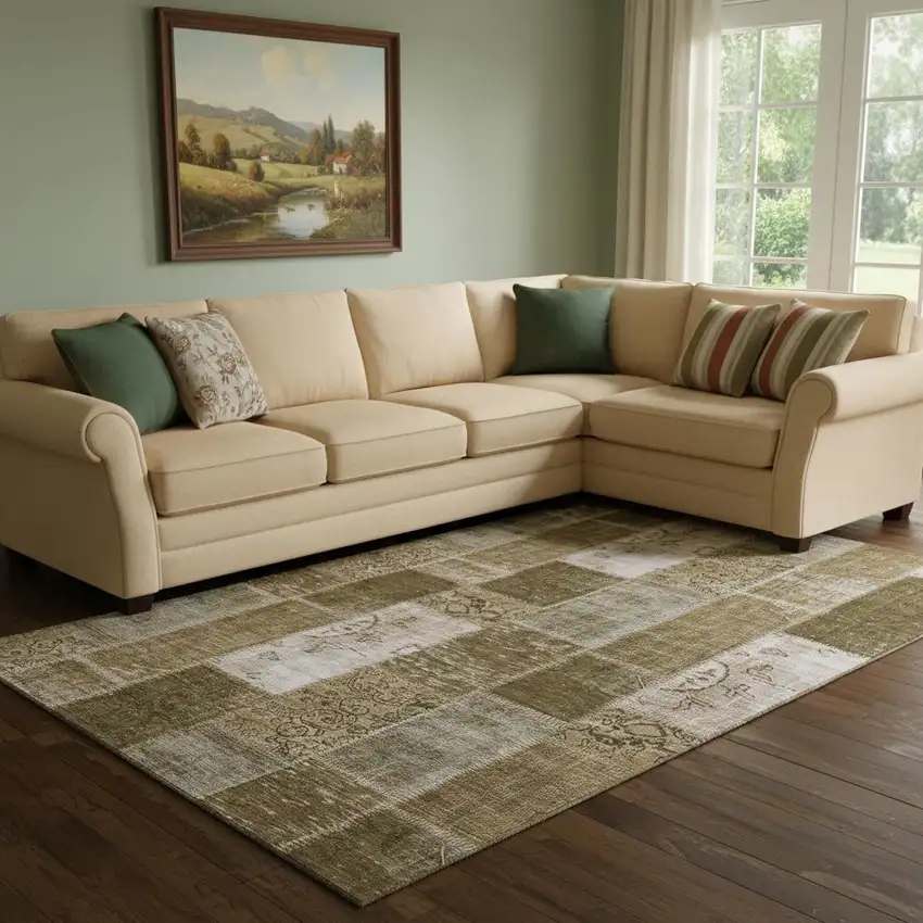 Brown And Ivory Patchwork Washable Area Rug With UV Protection Photo 1