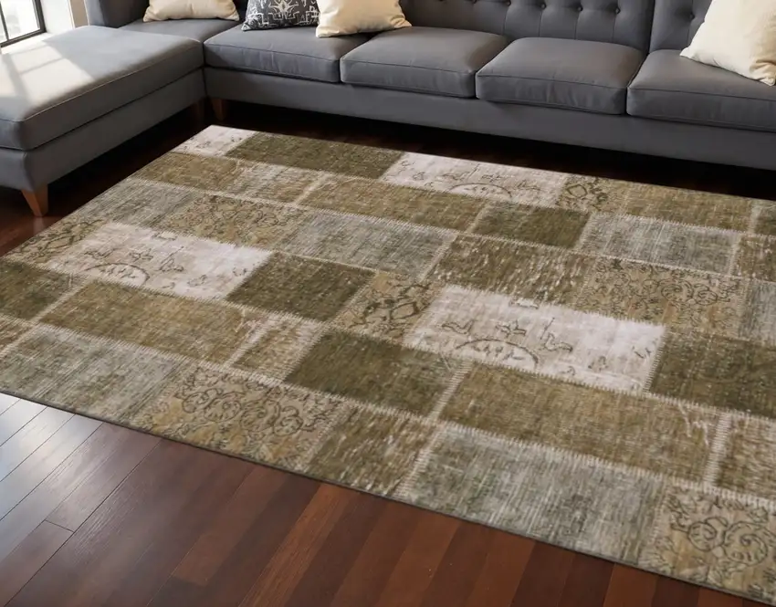Brown And Ivory Patchwork Washable Area Rug With UV Protection Photo 2