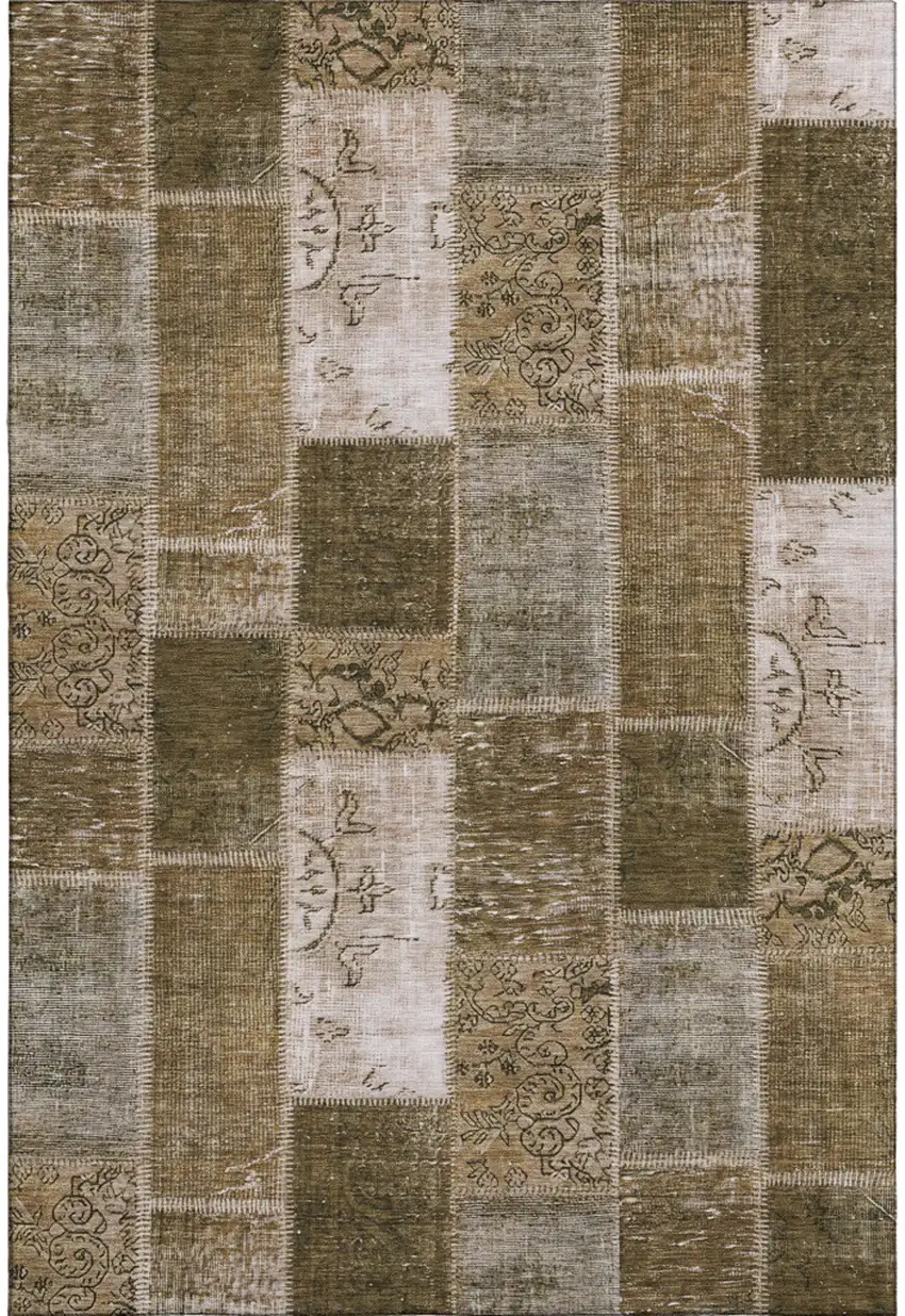 Brown And Ivory Patchwork Washable Area Rug With UV Protection Photo 1
